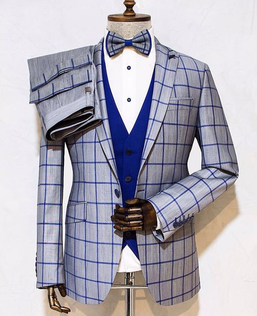 OK Casual Plaid Lapel Collar Slim Fit Blazer & Pants 2Pcs Set